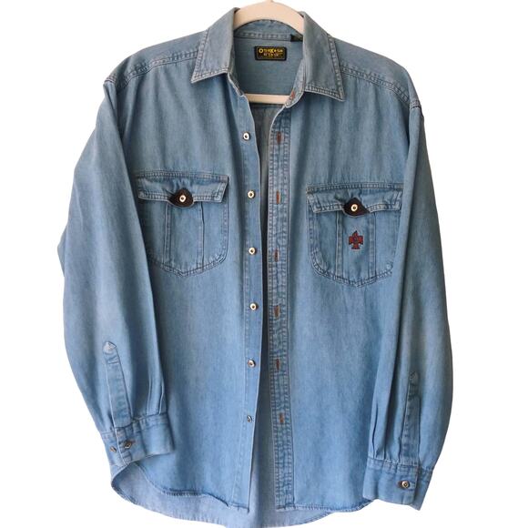 OshKosh B'Gosh M Denim Shirt Shacket Cotton Leather Pocket Detail Eagle Worn In - Picture 1 of 12